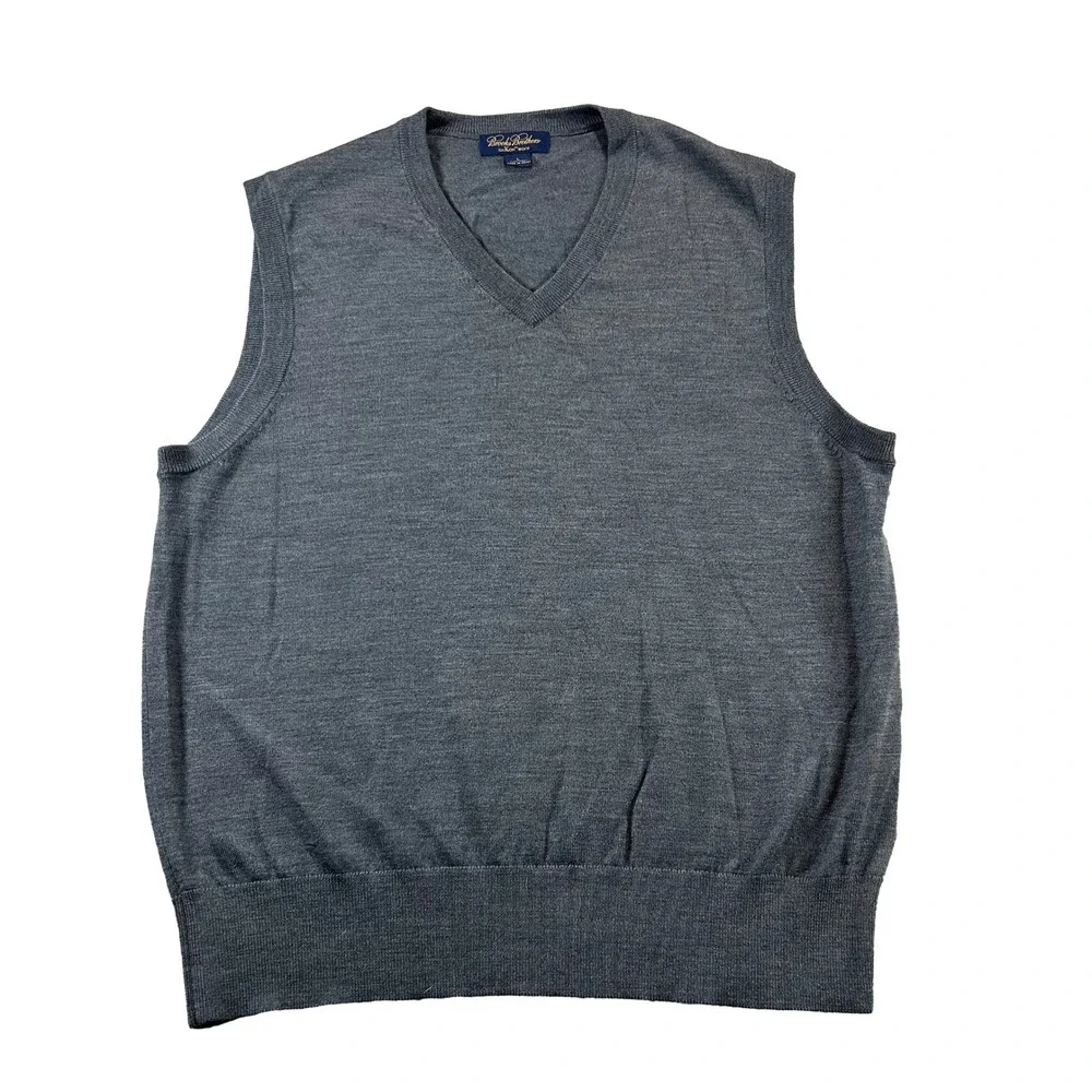 Brooks Brothers Sweater Vest Mens L Grey Saxon Wool V-Neck Classic Layering